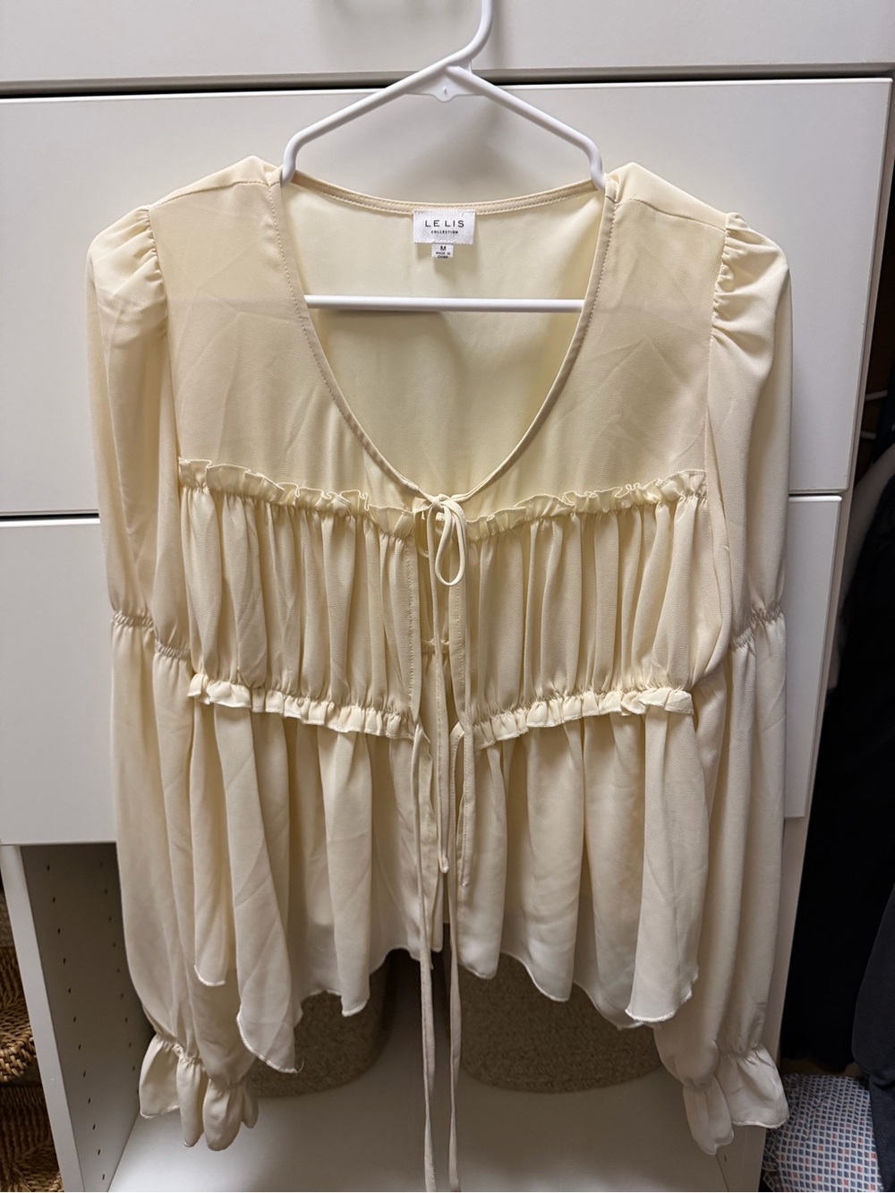 Le Lis Cream Tie-Front Ruffle Peasant Blouse